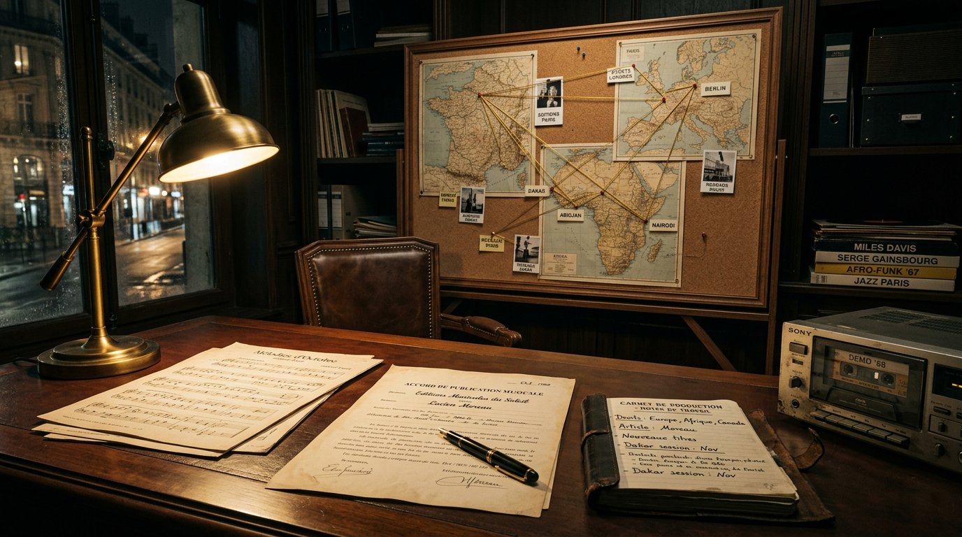 Bureau d'éditeur musical avec contrats, partitions et cartes de territoires