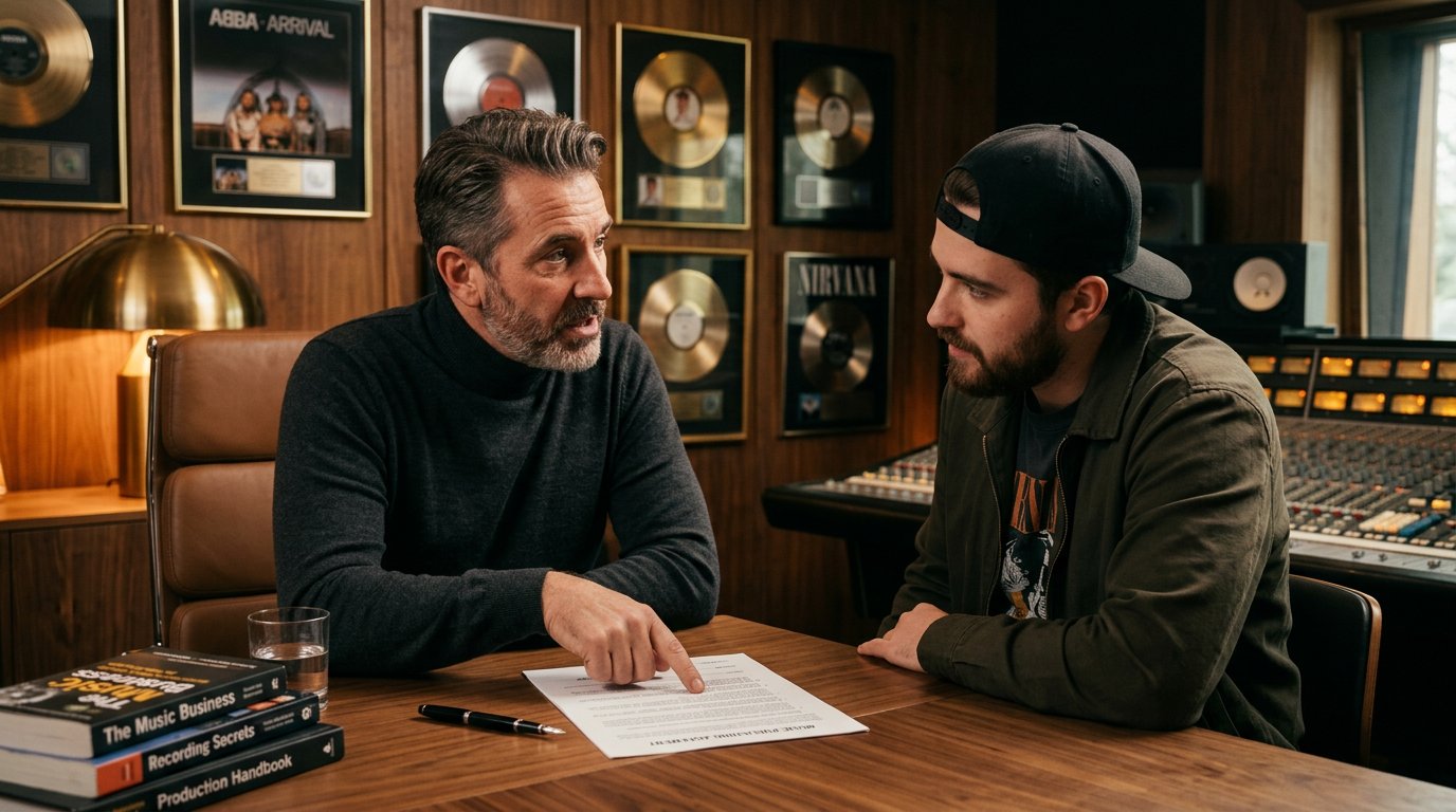 Mentor de l'industrie musicale transmettant son expérience à un jeune producteur autour d'un bureau en bois