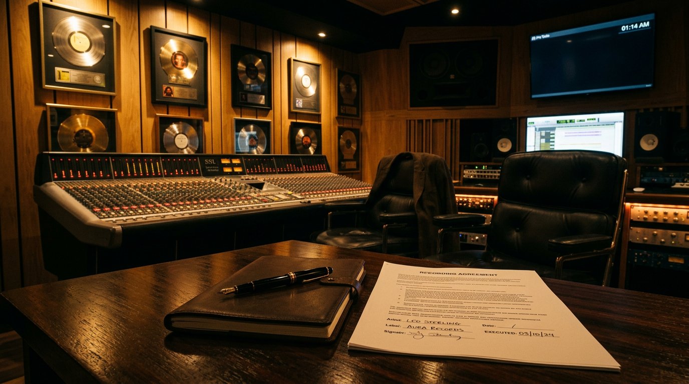 Bureau d'un patron de label de musique avec contrat ouvert, console de mixage vintage et disques d'or au mur