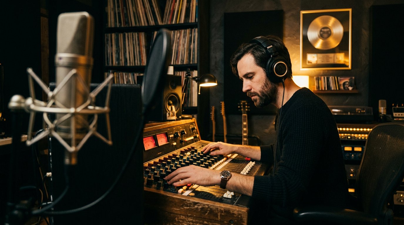 Musicien indépendant concentré dans son home studio, casque sur les oreilles, sur une console de mixage analogique vintage